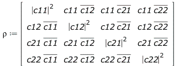 Typesetting:-mprintslash([rho := Matrix([[`*`(`^`(abs(c11), 2)), `*`(c11, `*`(conjugate(c12))), `*`(c11, `*`(conjugate(c21))), `*`(c11, `*`(conjugate(c22)))], [`*`(c12, `*`(conjugate(c11))), `*`(`^`(a...