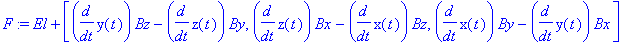 F := El+vector([diff(y(t),t)*Bz-diff(z(t),t)*By, diff(z(t),t)*Bx-diff(x(t),t)*Bz, diff(x(t),t)*By-diff(y(t),t)*Bx])