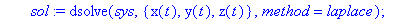 newton := proc (F) global x, y, z, r, v, a, xx, yy, zz, rf, vf, af, sol, sys; r := linalg:-vector([x(t), y(t), z(t)]); v := map(diff,r,t); a := map(diff,v,t); sys := equate(m*a,F); sol := dsolve(sys,{x...