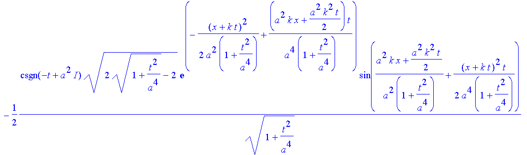 srpsi := 1/2*(2*(1+t^2/a^4)^(1/2)+2)^(1/2)/(1+t^2/a^4)^(1/2)*exp(-1/2*(x+k*t)^2/a^2/(1+t^2/a^4)+(a^2*k*x+1/2*a^2*k^2*t)/a^4*t/(1+t^2/a^4))*cos((a^2*k*x+1/2*a^2*k^2*t)/a^2/(1+t^2/a^4)+1/2*(x+k*t)^2/a^4*...