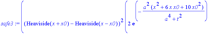 safe3 := 1/(a^4+t^2)^(1/4)*((Heaviside(x+x0)-Heaviside(x-x0))^2*(2*exp(-a^2*(x^2+6*x*x0+10*x0^2)/(a^4+t^2))*cos(1/2*(2*a^4*k*x+8*a^4*k*x0+a^4*k^2*t+x^2*t+8*t*x*x0+16*t*x0^2+2*k*t^2*x+8*k*t^2*x0+k^2*t^3...