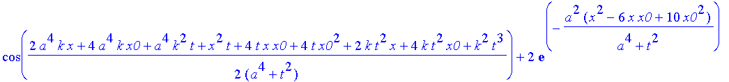 safe3 := 1/(a^4+t^2)^(1/4)*((Heaviside(x+x0)-Heaviside(x-x0))^2*(2*exp(-a^2*(x^2+6*x*x0+10*x0^2)/(a^4+t^2))*cos(1/2*(2*a^4*k*x+8*a^4*k*x0+a^4*k^2*t+x^2*t+8*t*x*x0+16*t*x0^2+2*k*t^2*x+8*k*t^2*x0+k^2*t^3...