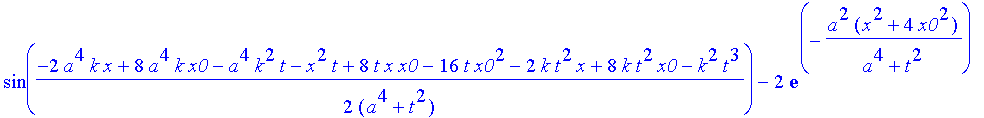 safe3 := 1/(a^4+t^2)^(1/4)*((Heaviside(x+x0)-Heaviside(x-x0))^2*(2*exp(-a^2*(x^2+6*x*x0+10*x0^2)/(a^4+t^2))*cos(1/2*(2*a^4*k*x+8*a^4*k*x0+a^4*k^2*t+x^2*t+8*t*x*x0+16*t*x0^2+2*k*t^2*x+8*k*t^2*x0+k^2*t^3...