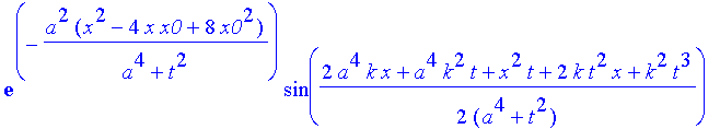 safe3 := 1/(a^4+t^2)^(1/4)*((Heaviside(x+x0)-Heaviside(x-x0))^2*(2*exp(-a^2*(x^2+6*x*x0+10*x0^2)/(a^4+t^2))*cos(1/2*(2*a^4*k*x+8*a^4*k*x0+a^4*k^2*t+x^2*t+8*t*x*x0+16*t*x0^2+2*k*t^2*x+8*k*t^2*x0+k^2*t^3...