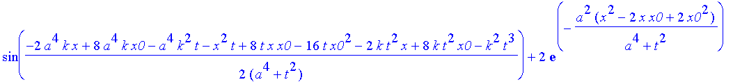 safe3 := 1/(a^4+t^2)^(1/4)*((Heaviside(x+x0)-Heaviside(x-x0))^2*(2*exp(-a^2*(x^2+6*x*x0+10*x0^2)/(a^4+t^2))*cos(1/2*(2*a^4*k*x+8*a^4*k*x0+a^4*k^2*t+x^2*t+8*t*x*x0+16*t*x0^2+2*k*t^2*x+8*k*t^2*x0+k^2*t^3...