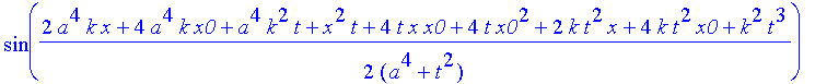 safe3 := 1/(a^4+t^2)^(1/4)*((Heaviside(x+x0)-Heaviside(x-x0))^2*(2*exp(-a^2*(x^2+6*x*x0+10*x0^2)/(a^4+t^2))*cos(1/2*(2*a^4*k*x+8*a^4*k*x0+a^4*k^2*t+x^2*t+8*t*x*x0+16*t*x0^2+2*k*t^2*x+8*k*t^2*x0+k^2*t^3...