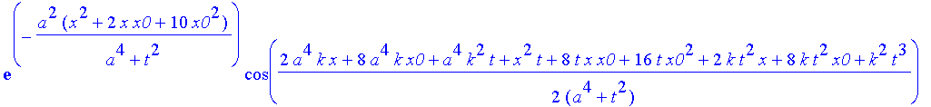 safe3 := 1/(a^4+t^2)^(1/4)*((Heaviside(x+x0)-Heaviside(x-x0))^2*(2*exp(-a^2*(x^2+6*x*x0+10*x0^2)/(a^4+t^2))*cos(1/2*(2*a^4*k*x+8*a^4*k*x0+a^4*k^2*t+x^2*t+8*t*x*x0+16*t*x0^2+2*k*t^2*x+8*k*t^2*x0+k^2*t^3...