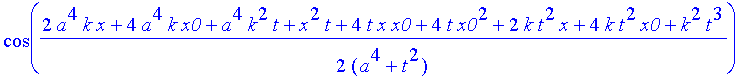 safe3 := 1/(a^4+t^2)^(1/4)*((Heaviside(x+x0)-Heaviside(x-x0))^2*(2*exp(-a^2*(x^2+6*x*x0+10*x0^2)/(a^4+t^2))*cos(1/2*(2*a^4*k*x+8*a^4*k*x0+a^4*k^2*t+x^2*t+8*t*x*x0+16*t*x0^2+2*k*t^2*x+8*k*t^2*x0+k^2*t^3...