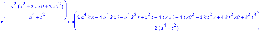 safe3 := 1/(a^4+t^2)^(1/4)*((Heaviside(x+x0)-Heaviside(x-x0))^2*(2*exp(-a^2*(x^2+6*x*x0+10*x0^2)/(a^4+t^2))*cos(1/2*(2*a^4*k*x+8*a^4*k*x0+a^4*k^2*t+x^2*t+8*t*x*x0+16*t*x0^2+2*k*t^2*x+8*k*t^2*x0+k^2*t^3...