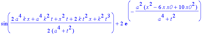 safe3 := 1/(a^4+t^2)^(1/4)*((Heaviside(x+x0)-Heaviside(x-x0))^2*(2*exp(-a^2*(x^2+6*x*x0+10*x0^2)/(a^4+t^2))*cos(1/2*(2*a^4*k*x+8*a^4*k*x0+a^4*k^2*t+x^2*t+8*t*x*x0+16*t*x0^2+2*k*t^2*x+8*k*t^2*x0+k^2*t^3...