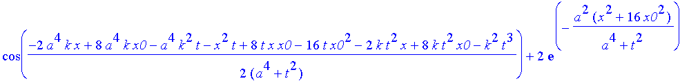 safe3 := 1/(a^4+t^2)^(1/4)*((Heaviside(x+x0)-Heaviside(x-x0))^2*(2*exp(-a^2*(x^2+6*x*x0+10*x0^2)/(a^4+t^2))*cos(1/2*(2*a^4*k*x+8*a^4*k*x0+a^4*k^2*t+x^2*t+8*t*x*x0+16*t*x0^2+2*k*t^2*x+8*k*t^2*x0+k^2*t^3...