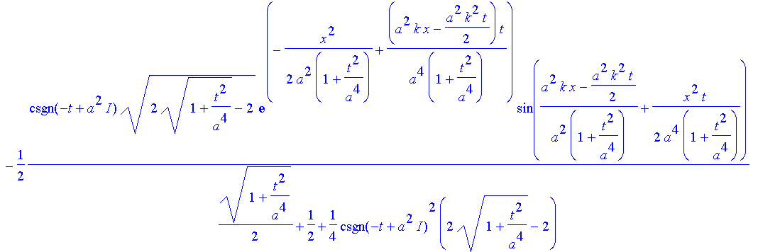 rpsi := 1/2*(2*(1+t^2/a^4)^(1/2)+2)^(1/2)/(1/2*(1+t^2/a^4)^(1/2)+1/2+1/4*csgn(-t+a^2*I)^2*(2*(1+t^2/a^4)^(1/2)-2))*exp(-1/2*x^2/a^2/(1+t^2/a^4)+(a^2*k*x-1/2*a^2*k^2*t)/a^4*t/(1+t^2/a^4))*cos((a^2*k*x-1...