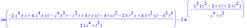 safe3 := 1/(a^4+t^2)^(1/4)*((Heaviside(x+x0)-Heaviside(x-x0))^2*(2*exp(-a^2*(x^2+6*x*x0+10*x0^2)/(a^4+t^2))*cos(1/2*(2*a^4*k*x+8*a^4*k*x0+a^4*k^2*t+x^2*t+8*t*x*x0+16*t*x0^2+2*k*t^2*x+8*k*t^2*x0+k^2*t^3...