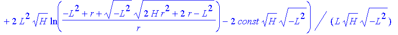 -1/2*(2*(2*H*r^2+2*r-L^2)^(1/2)*H^(1/2)*(-L^2)^(1/2)-2^(1/2)*(-L^2)^(1/2)*ln(2)+2^(1/2)*(-L^2)^(1/2)*ln((2^(1/2)+2*2^(1/2)*r*H+2*(2*H*r^2+2*r-L^2)^(1/2)*H^(1/2))/H^(1/2))+2*L^2*H^(1/2)*ln(2)+2*L^2*H^(1...