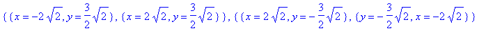 {{x = -2*sqrt(2), y = 3/2*sqrt(2)}, {x = 2*sqrt(2),...