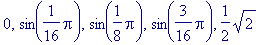 0, sin(1/16*Pi), sin(1/8*Pi), sin(3/16*Pi), 1/2*sqr...