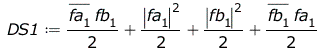 Typesetting:-mprintslash([DS1 := `+`(`*`(`/`(1, 2), `*`(conjugate(fa[1]), `*`(fb[1]))), `*`(`/`(1, 2), `*`(`^`(abs(fa[1]), 2))), `*`(`/`(1, 2), `*`(`^`(abs(fb[1]), 2))), `*`(`/`(1, 2), `*`(conjugate(f...